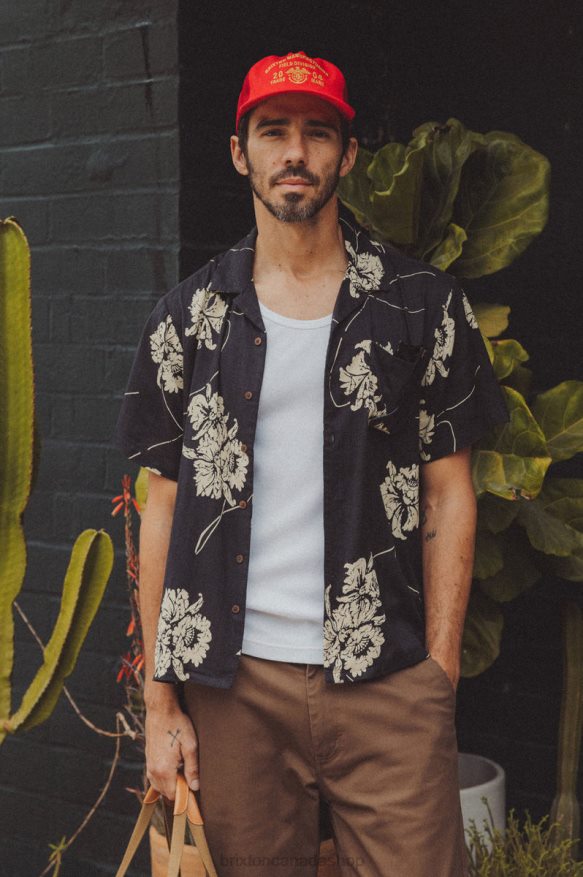 Brixton Apparel Washed Black/Off White Men Bunker Slub S/S Woven Shirt HFR00P3